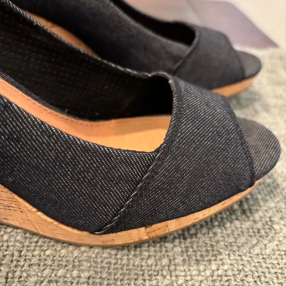 Toms Black Denim Stella Peep-Toe Cork Wedge Heels - Picture 4 of 13